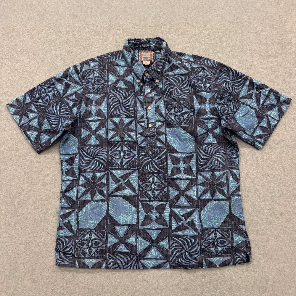 Vintage Reyn Spooner Shirt Mens XL Blue Aloha 1/4 Button Down Short Sleeve